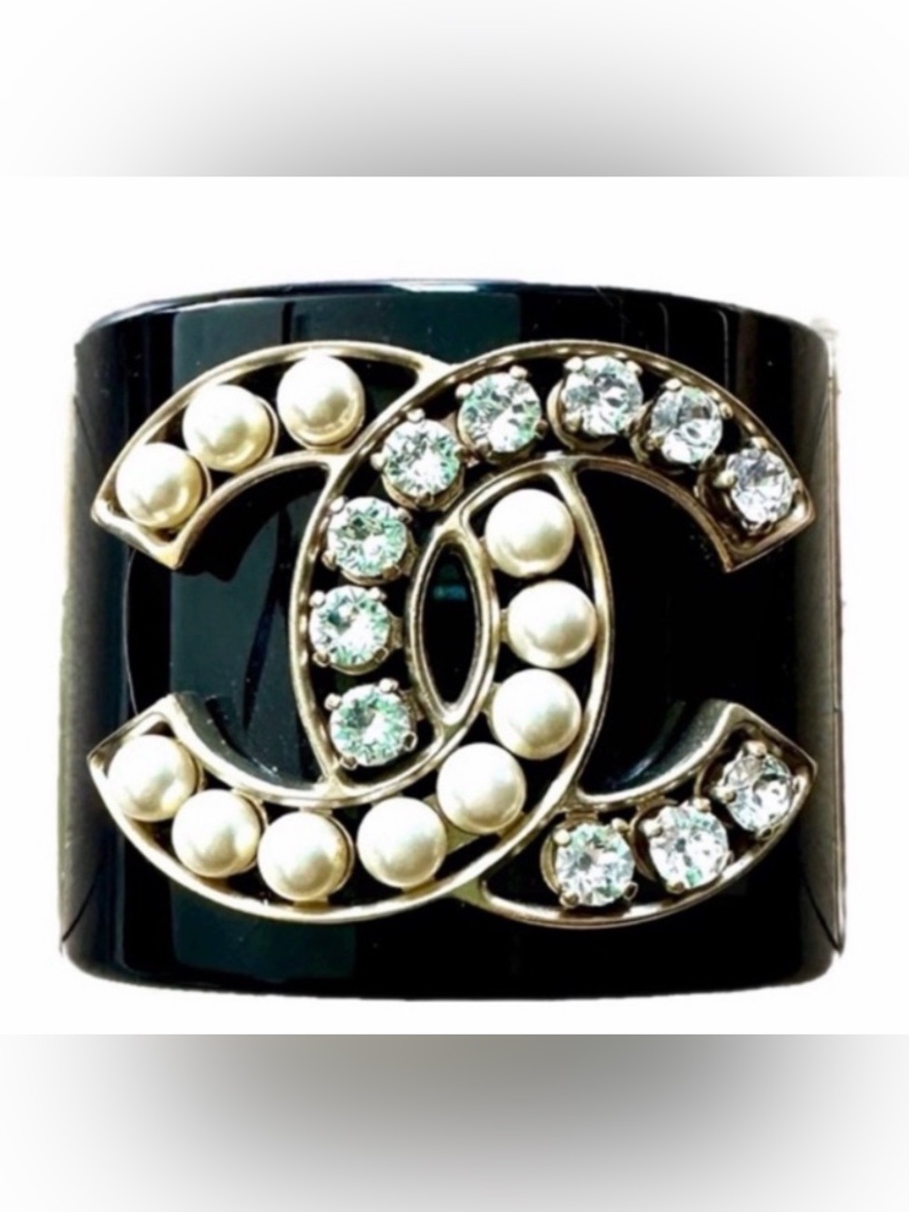 CHANEL Black Resin Crystal and Faux Pearl CC Wide Cuff Bracelet